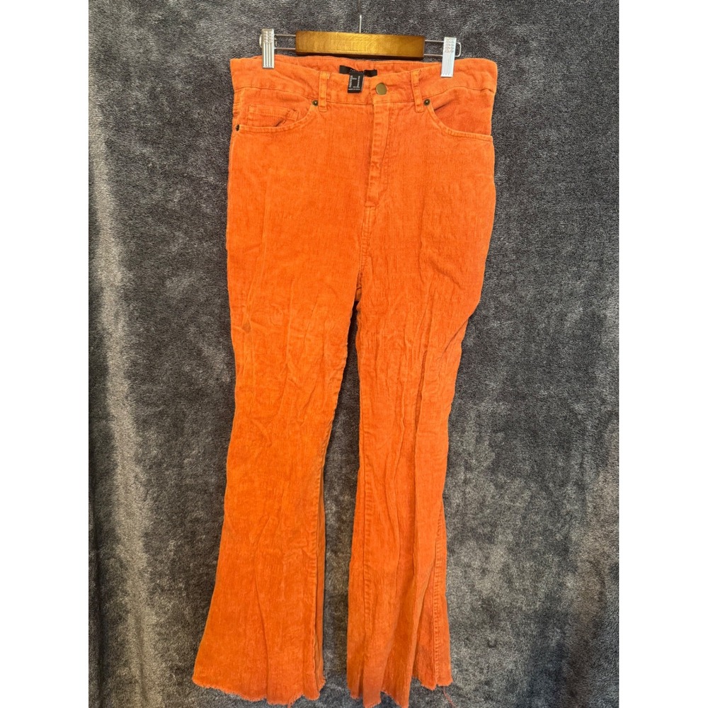 Forever 21 Orange Corduroy Flare Pants High Waisted Raw Hem Womens Medium